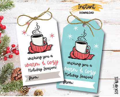 Christmas Coffee Tags, Wishing You A Warm & Cozy Holiday Season, Printable Christmas Gift Tags, Instant Download