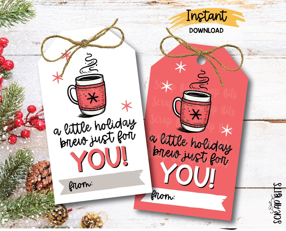 Christmas Coffee Tags, A Little Holiday Brew, Snowflake Mug, Printable Christmas Gift Tags, Instant Download