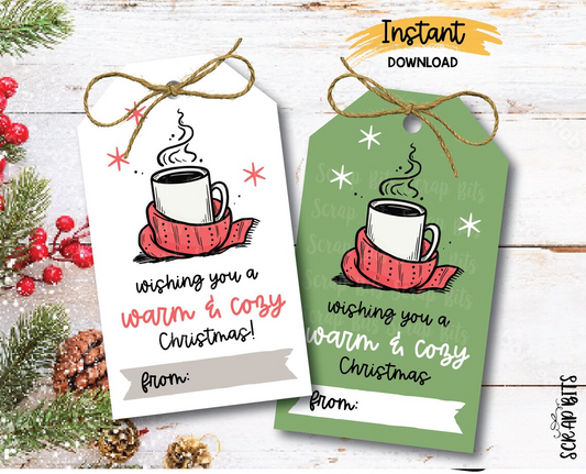 Christmas Coffee Tags, Wishing You A Warm & Cozy Christmas, Printable Christmas Gift Tags, Instant Download (Copy)