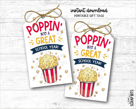 Popcorn Gift Tags, Poppin' Into A Great Year, Printable Back To School Gift Tags, Instant Download