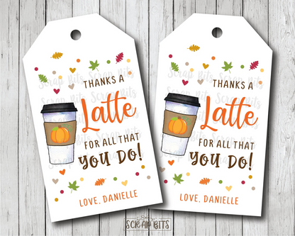 Fall Thanks A Latte Tags, Scatter Leaves . Fall Gift Tags