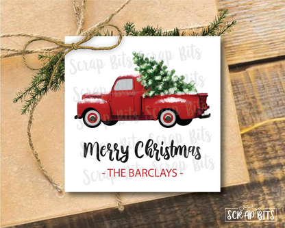 Red Christmas Truck Tags, Rustic Pick-up Truck with Tree Printable Christmas Gift Tags, Instant Download Editable Template