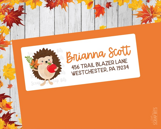Hedgehog Holding Apple + Leaves, Fall Return Address Labels