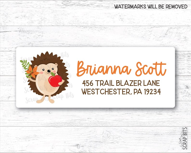 Hedgehog Holding Apple + Leaves, Fall Return Address Labels