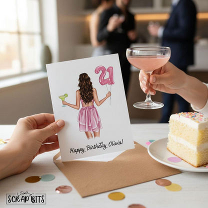 21st Birthday Card, ANY Age Foil Number Balloons & Cocktail, Custom Girl Birthday Portrait Card