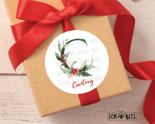 Initial & Name Stickers, Holly Berries Greenery Pinecones, Personalized Christmas Gift Labels or Tags - Scrap Bits