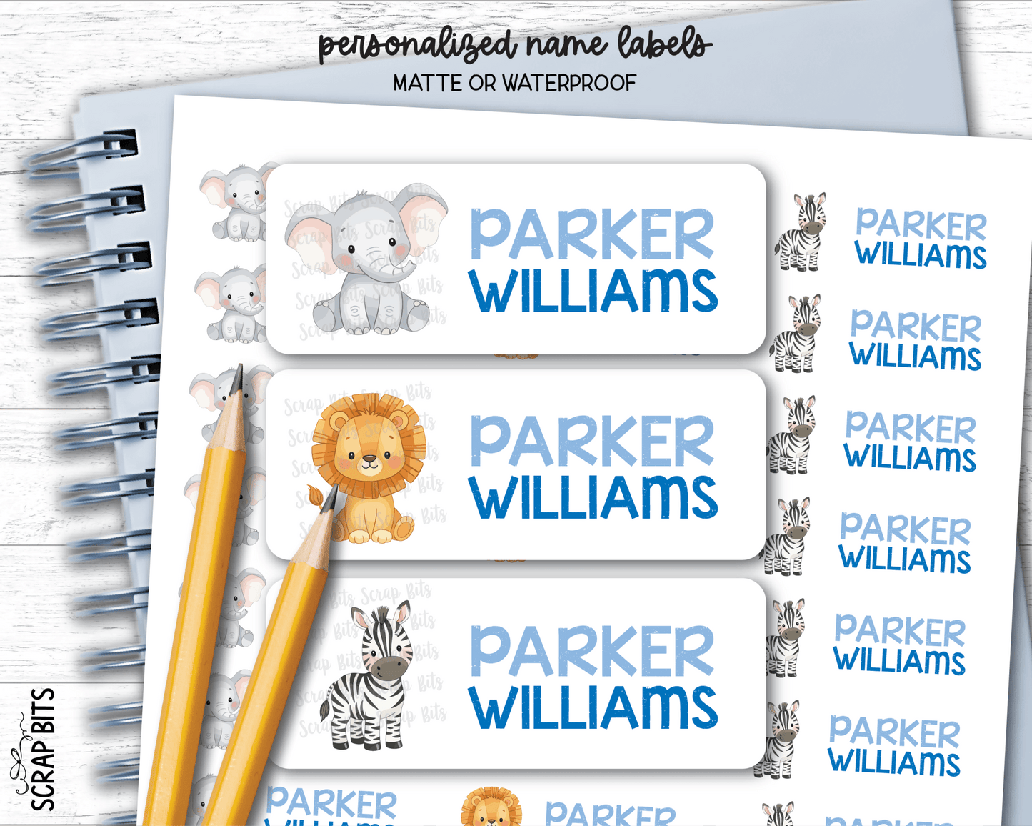 Jungle Animals Name Labels, Elephant, Lion, Zebra . Personalized Belonging Labels - Scrap Bits