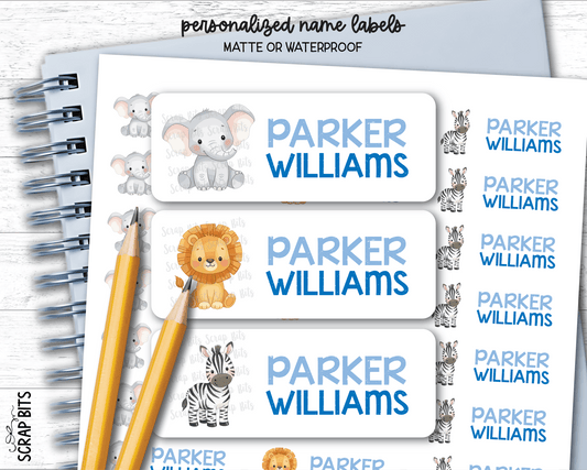 Jungle Animals Name Labels, Elephant, Lion, Zebra . Personalized Belonging Labels - Scrap Bits