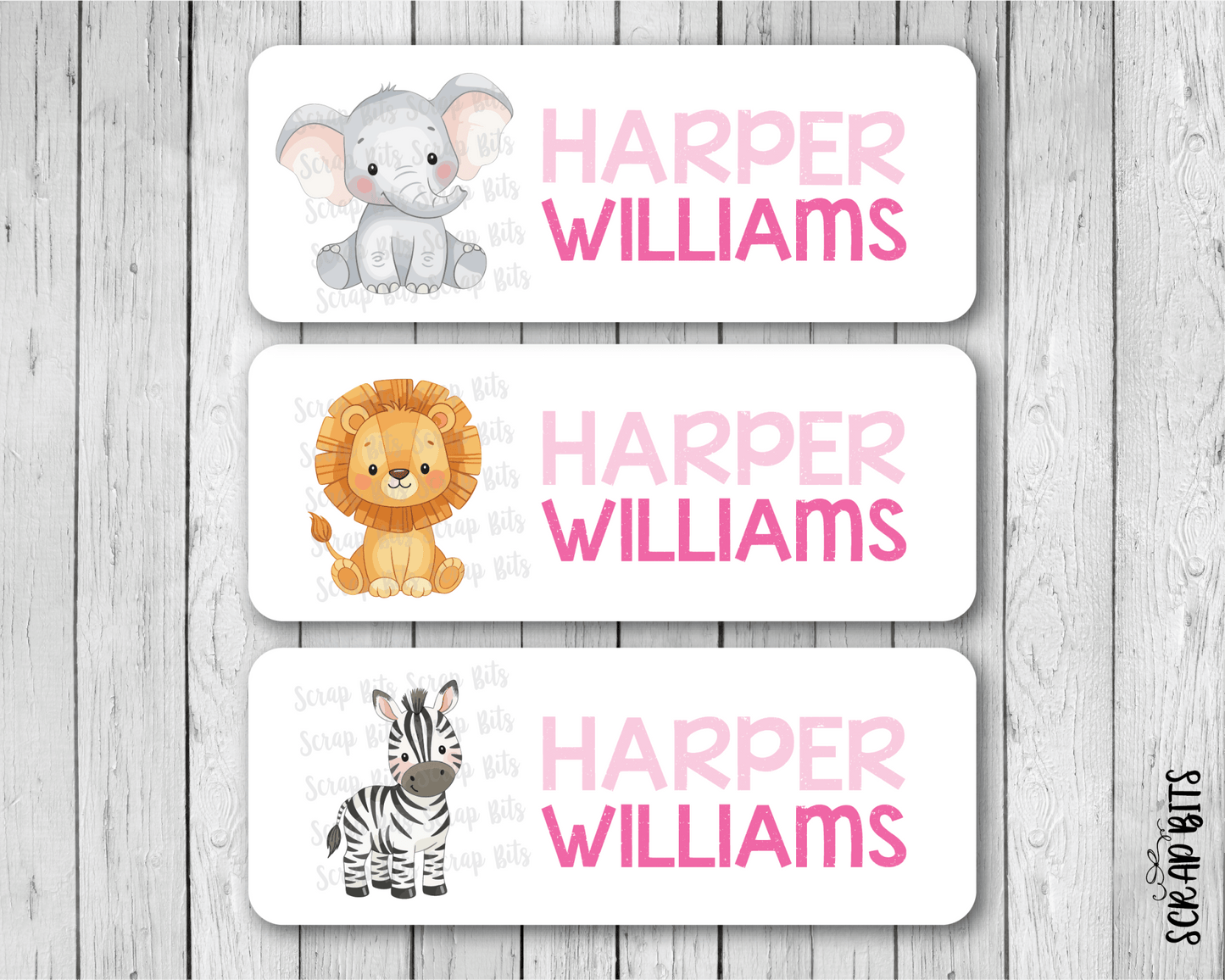Jungle Animals Name Labels, Elephant, Lion, Zebra . Personalized Belonging Labels - Scrap Bits