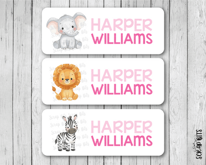Jungle Animals Name Labels, Elephant, Lion, Zebra . Personalized Belonging Labels - Scrap Bits