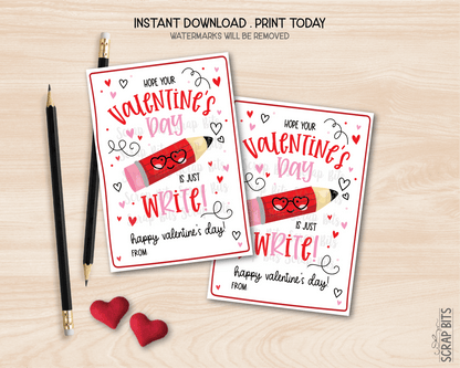Just Write Valentines, Cute Pencil, Printable Classroom Exchange Cards, Instant Download - Scrap Bits