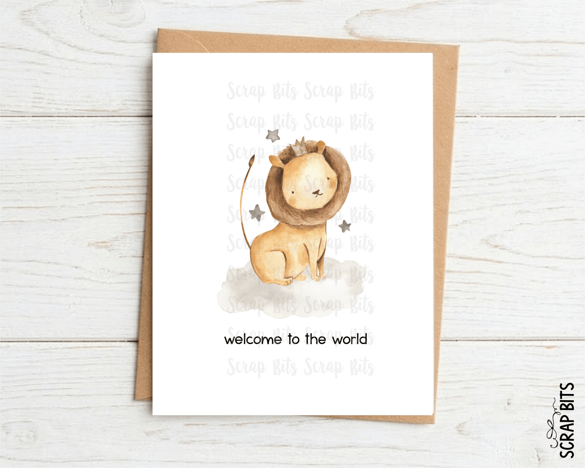 Lion New Baby Card, Welcome to the World Watercolor Safari Baby Shower Card - Scrap Bits