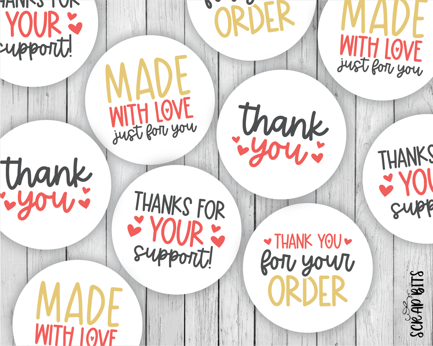 Made With Love Small Business Sticker Set, Cute Packaging Labels, Red + Gold 002a - Scrap Bits