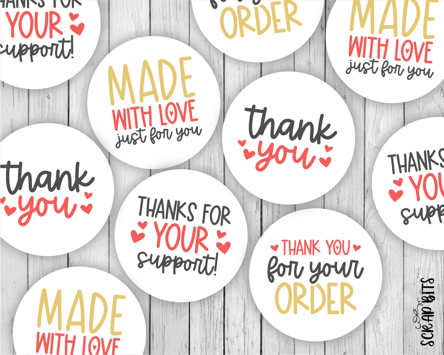 Made With Love Small Business Sticker Set, Cute Packaging Labels, Red + Gold 002a - Scrap Bits