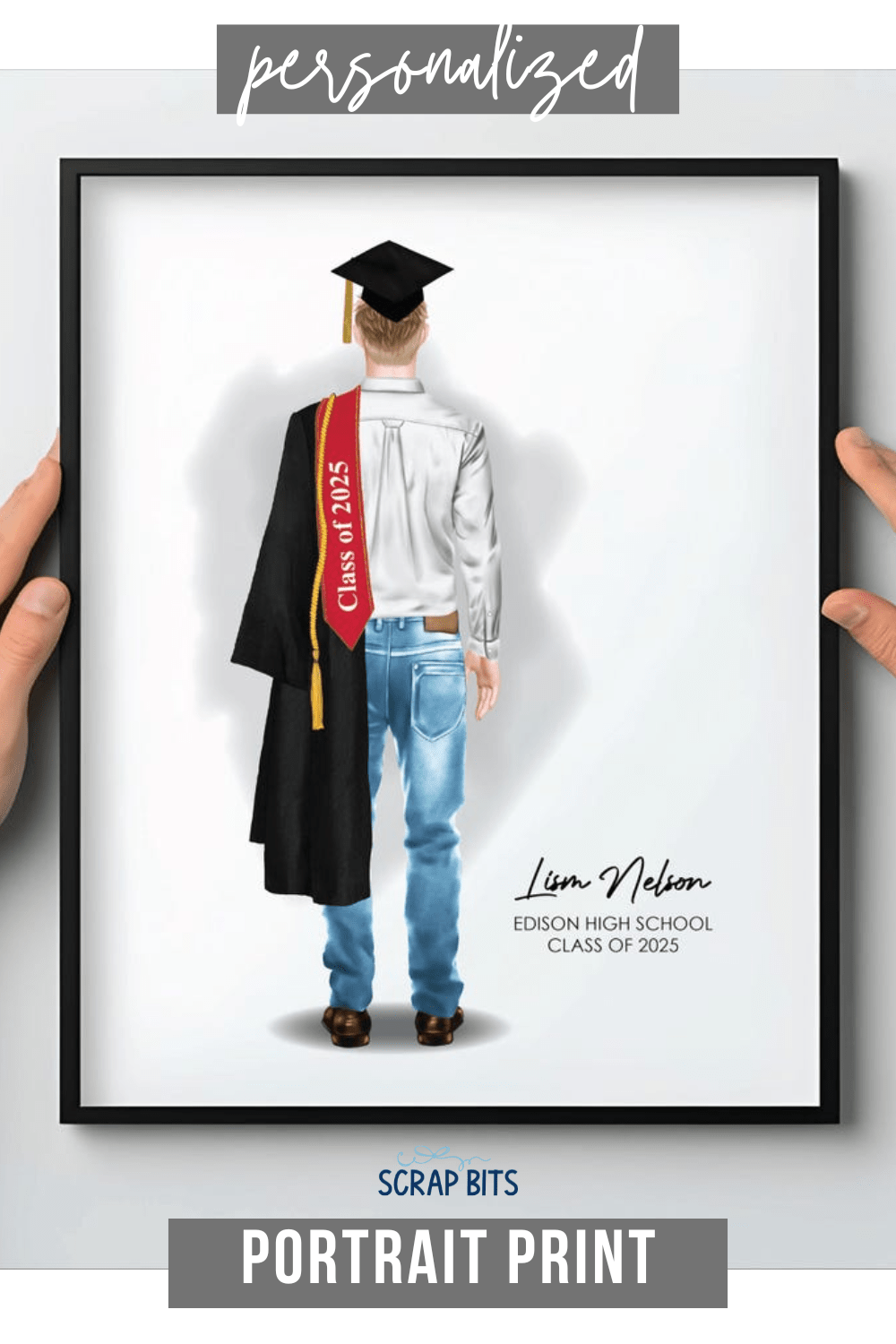 Male Graduation Digital Portrait, Personalized Senior Gift Illustration Print, Full Body Casual - Scrap Bits