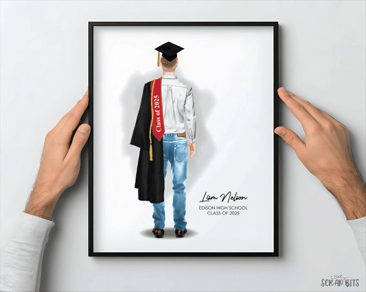Male Graduation Digital Portrait, Personalized Senior Gift Illustration Print, Full Body Casual - Scrap Bits