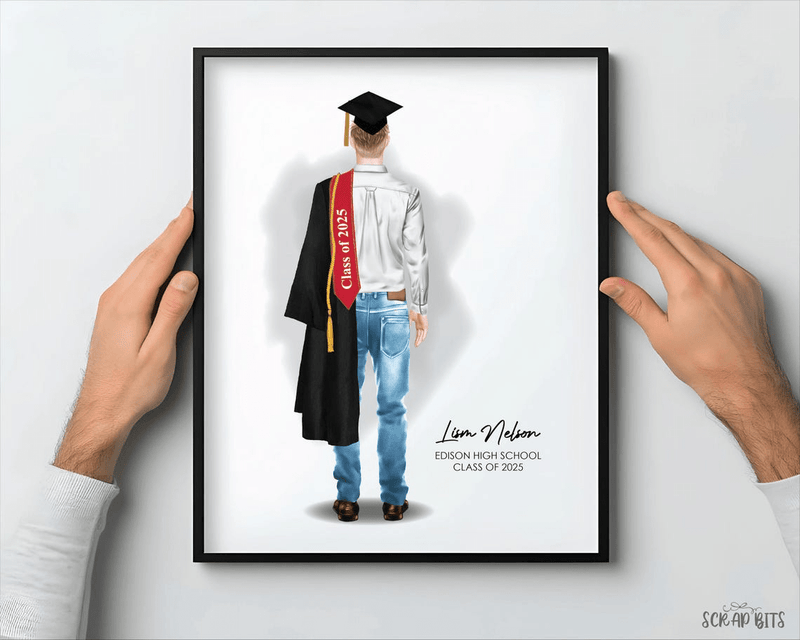 Male Graduation Digital Portrait, Personalized Senior Gift Illustration Print, Full Body Casual - Scrap Bits