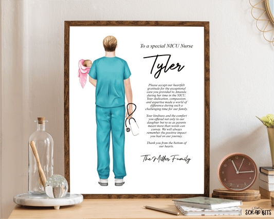 Male NICU Nurse Portrait, Custom Nurse Gift, Side Message . Digital Portrait Print - Scrap Bits