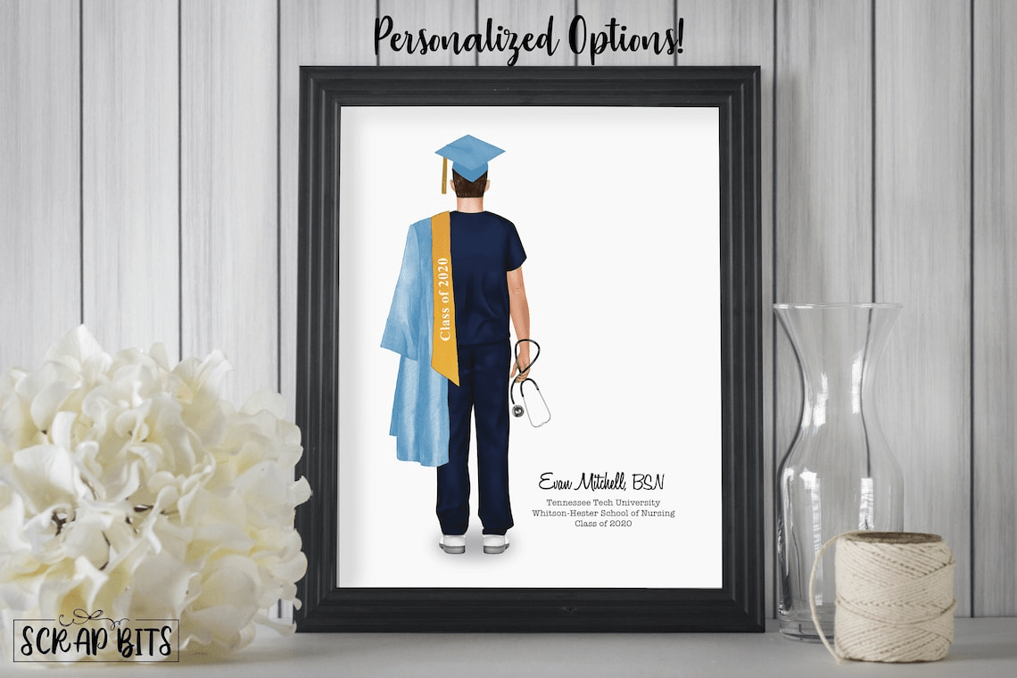 Male Nurse Graduation Print, Personalized Graduation Gift . Digital Portrait Print - Scrap Bits