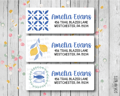 Mediterranean Coastal Return Address Labels, Tiles, Lemons, Fish - Scrap Bits