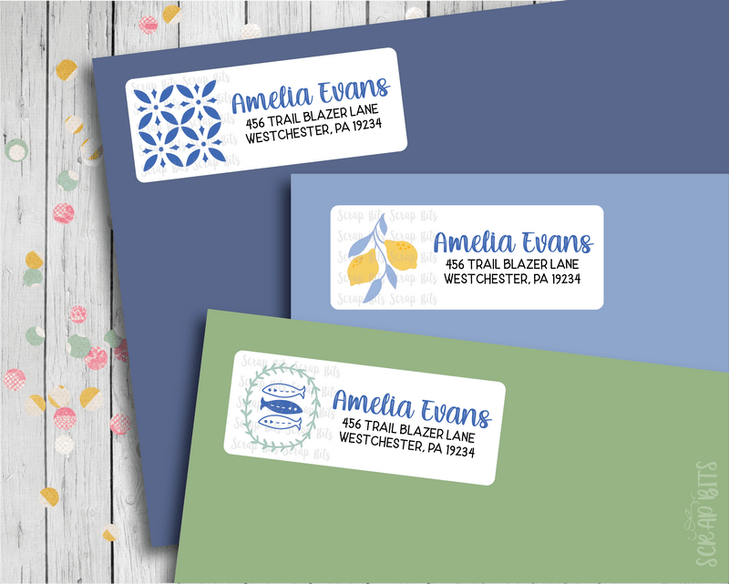 Mediterranean Coastal Return Address Labels, Tiles, Lemons, Fish - Scrap Bits