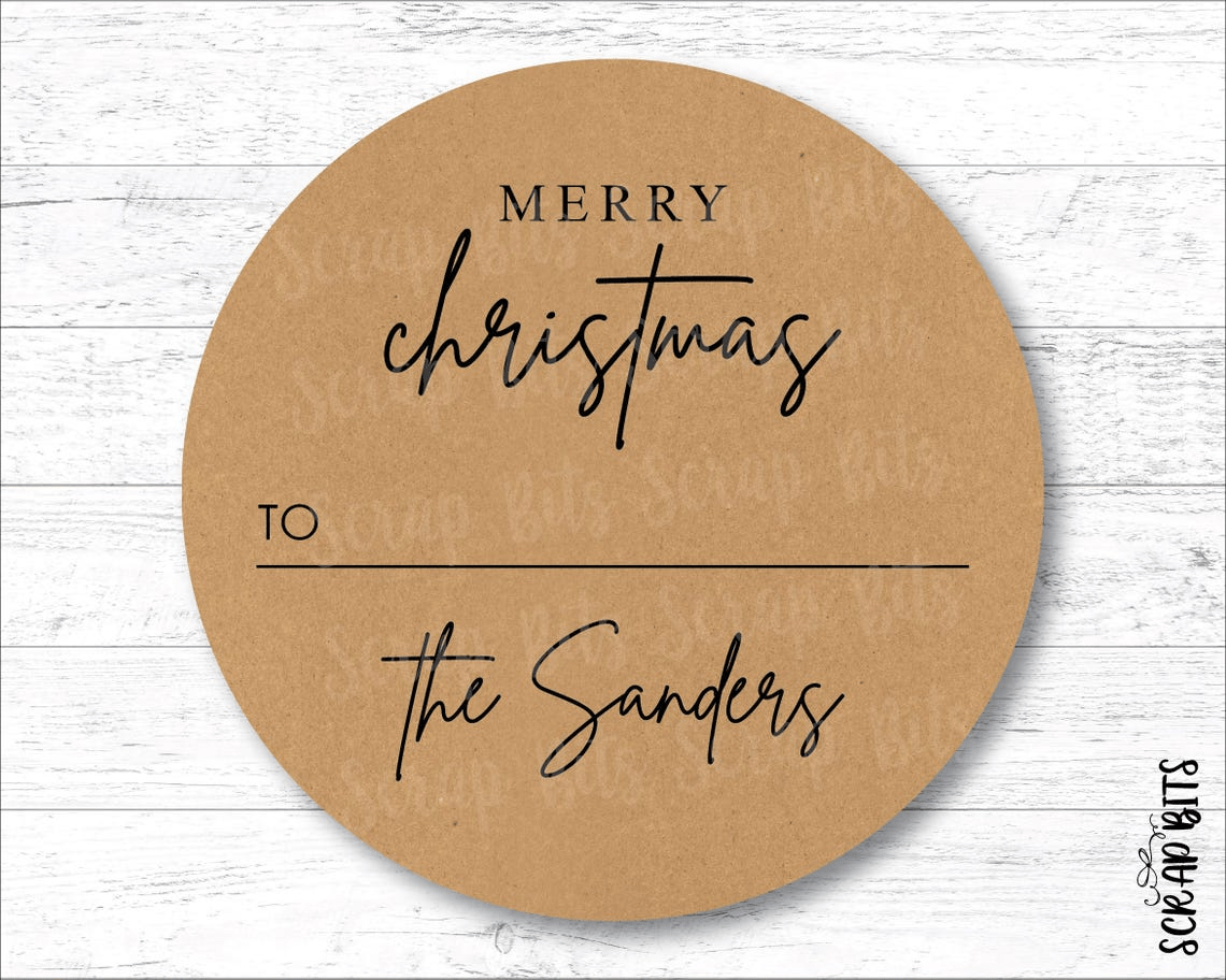 Merry Christmas Gift Labels, Minimal Family Signature Script, Personalized Kraft Christmas Stickers - Scrap Bits