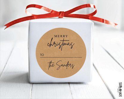 Merry Christmas Gift Labels, Minimal Family Signature Script, Personalized Kraft Christmas Stickers - Scrap Bits