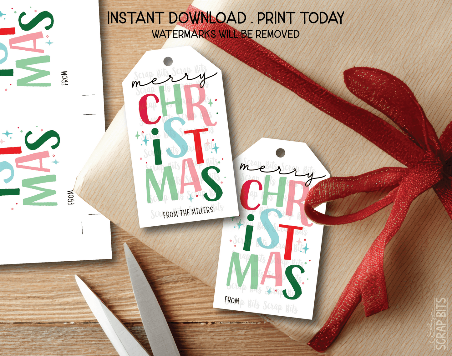 Merry Christmas Stacked, Printable Christmas Gift Tags, Instant Download - Scrap Bits