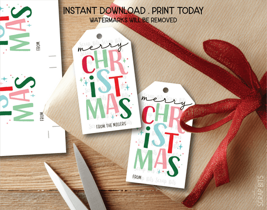 Merry Christmas Stacked, Printable Christmas Gift Tags, Instant Download - Scrap Bits