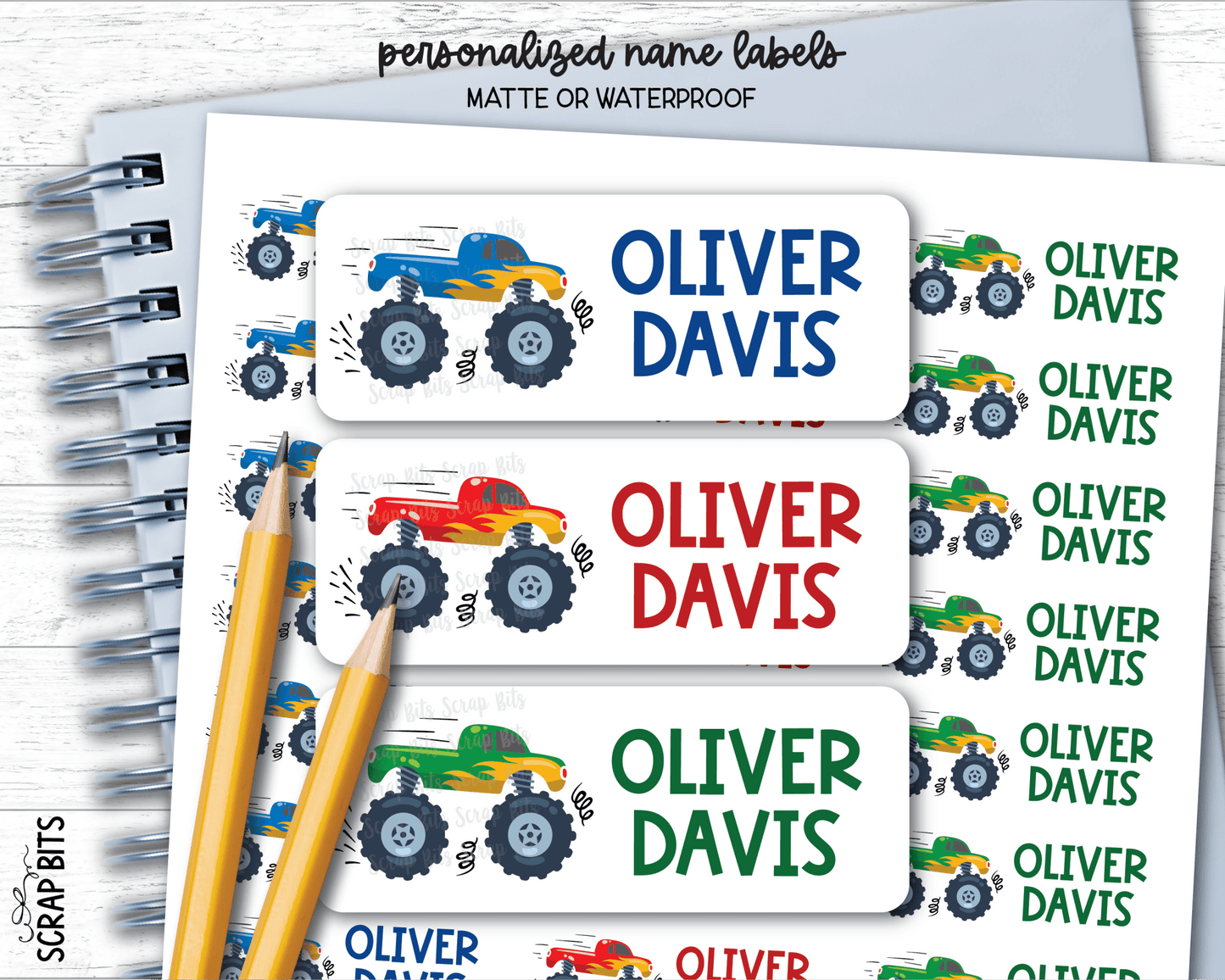 Monster Truck Name Labels . Personalized Belonging Labels - Scrap Bits