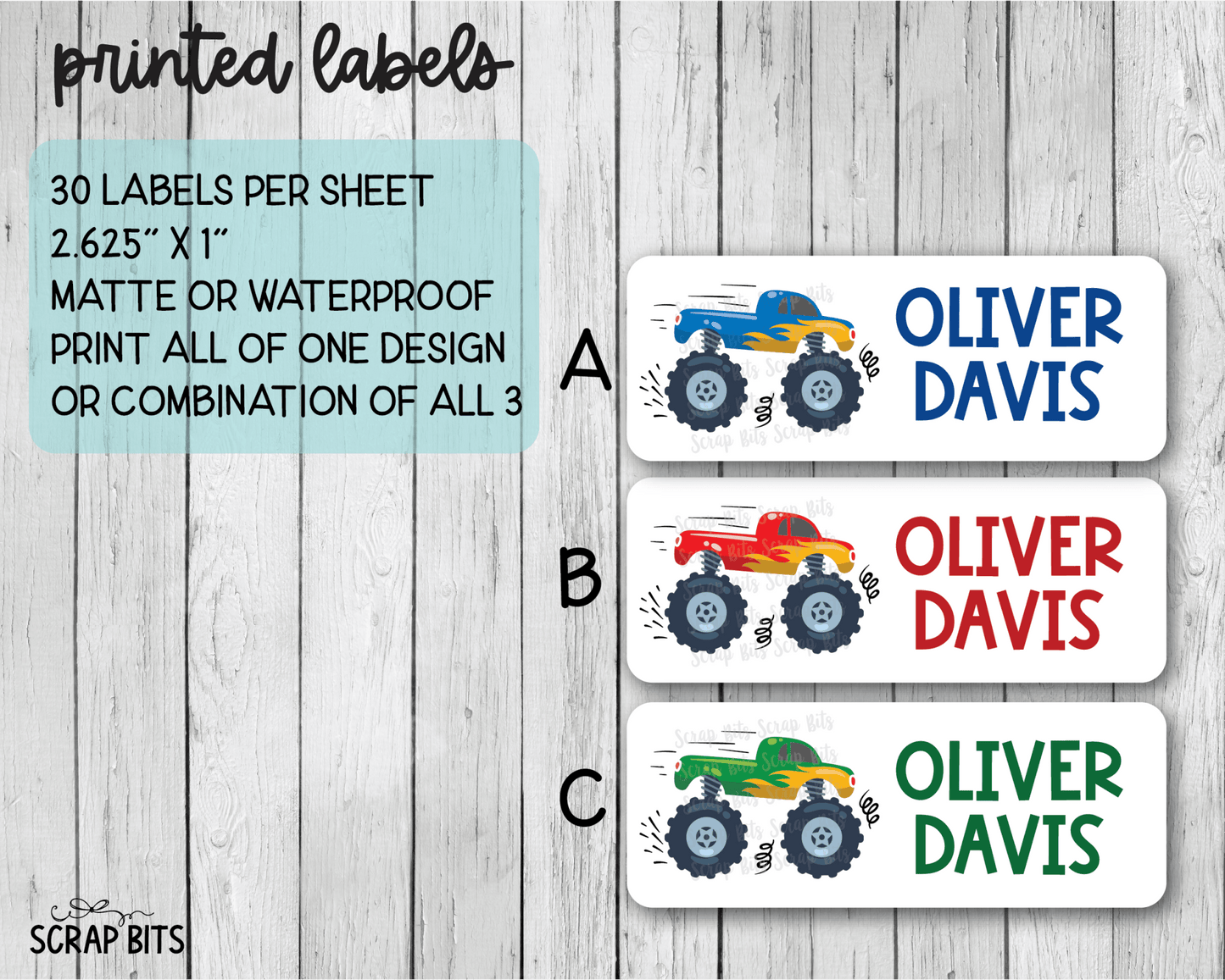 Monster Truck Name Labels . Personalized Belonging Labels - Scrap Bits