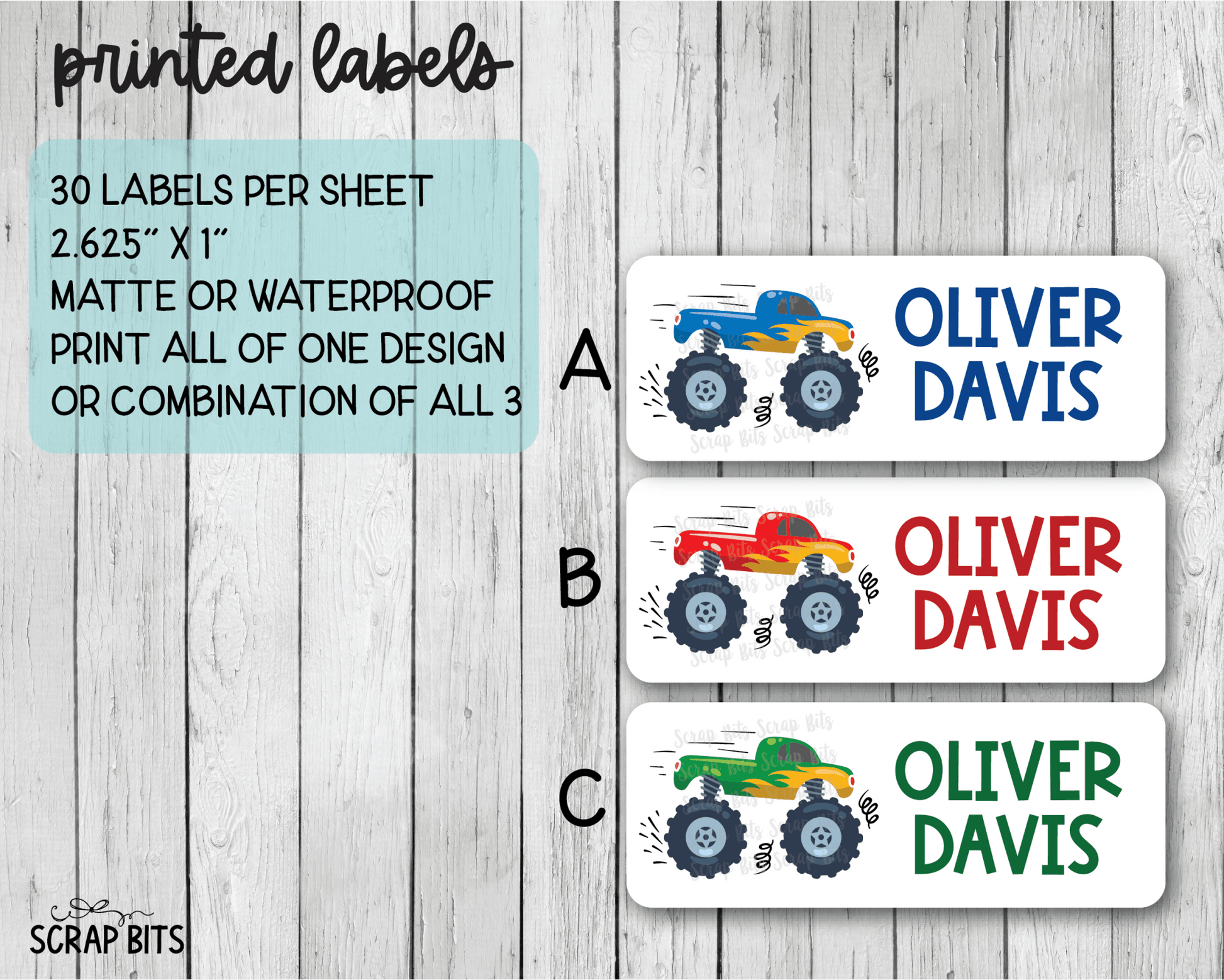 Monster Truck Name Labels . Personalized Belonging Labels - Scrap Bits
