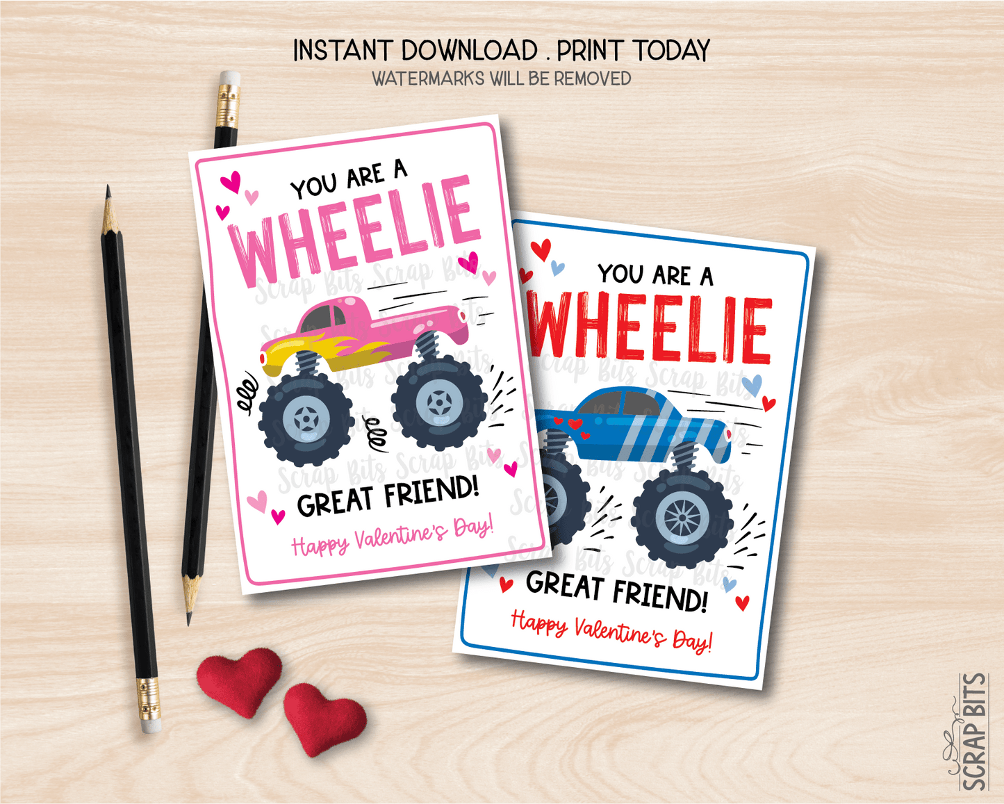Monster Truck Valentines, You Are A WHEELIE Great Friend, Printable Classroom Exchange Cards, Instant Download - Scrap Bits