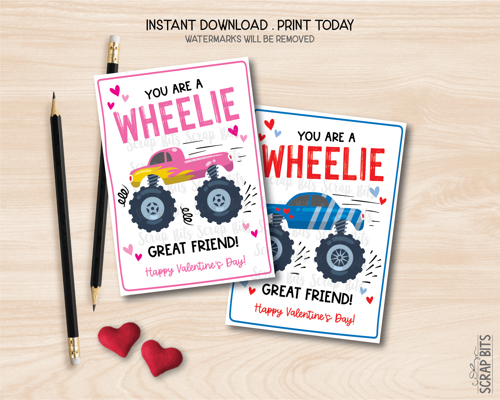 Monster Truck Valentines, You Are A WHEELIE Great Friend, Printable Classroom Exchange Cards, Instant Download - Scrap Bits