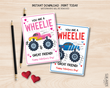 Monster Truck Valentines, You Are A WHEELIE Great Friend, Printable Classroom Exchange Cards, Instant Download - Scrap Bits