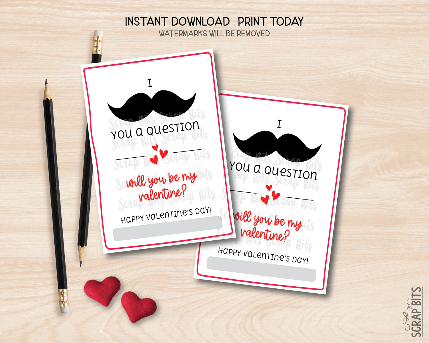 Mustache Valentines, I Mustache You A Question, Printable Classroom Exchange Cards, Instant Download - Scrap Bits