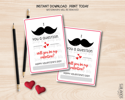 Mustache Valentines, I Mustache You A Question, Printable Classroom Exchange Cards, Instant Download - Scrap Bits