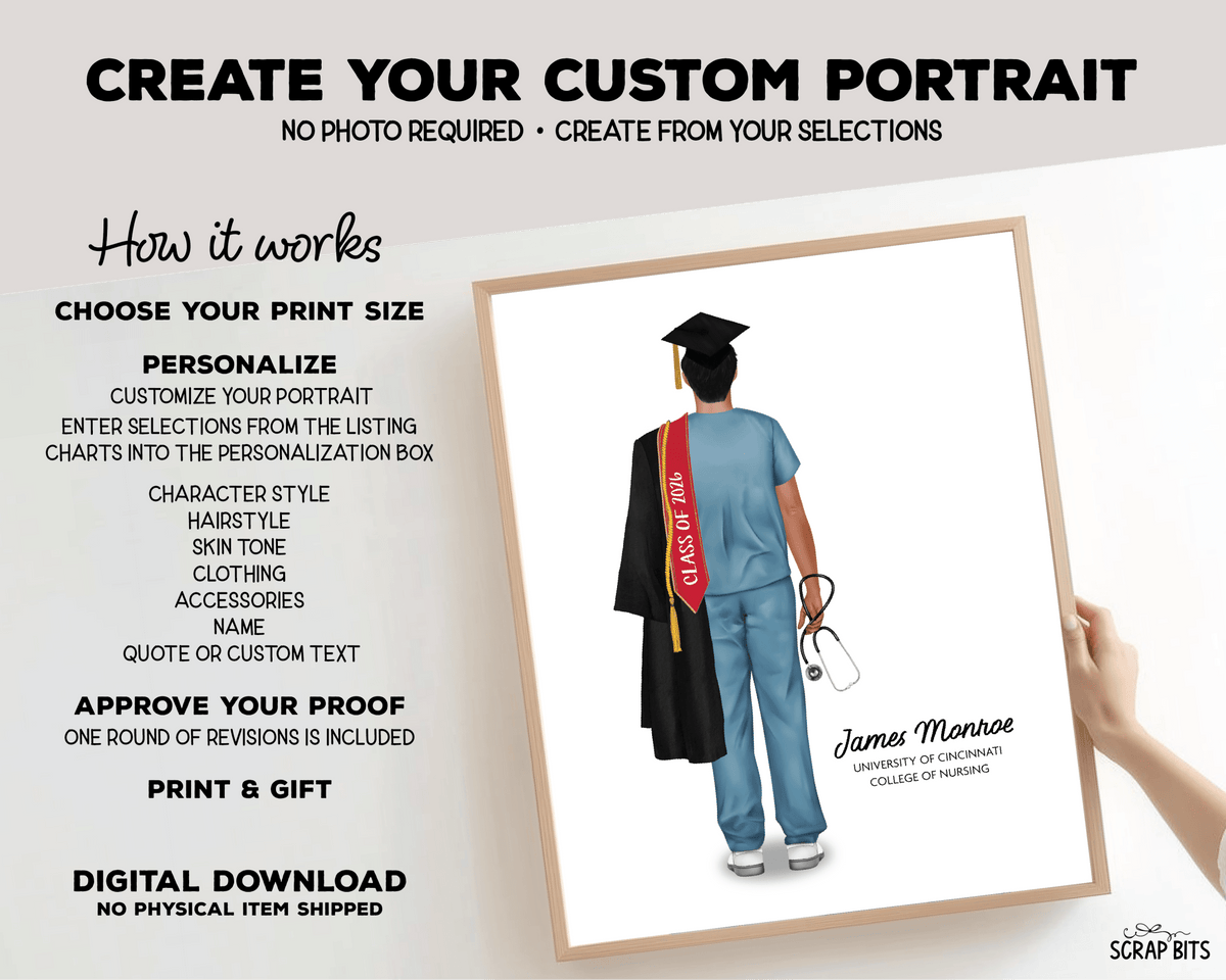 Nurse (Male) Graduation Portrait Print, Custom Digital Drawing - Scrap Bits