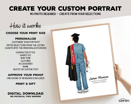 Nurse (Male) Graduation Portrait Print, Custom Digital Drawing - Scrap Bits