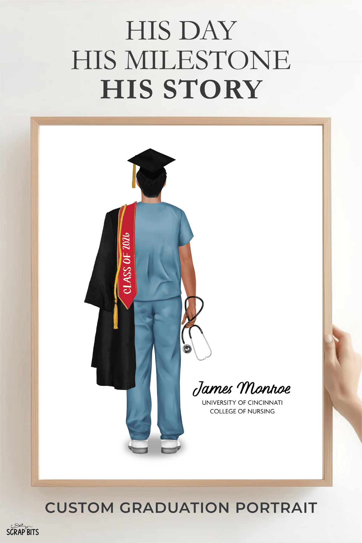 Nurse (Male) Graduation Portrait Print, Custom Digital Drawing - Scrap Bits