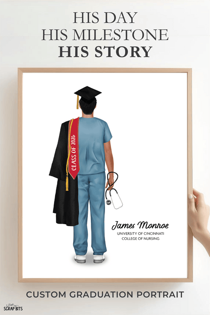 Nurse (Male) Graduation Portrait Print, Custom Digital Drawing - Scrap Bits