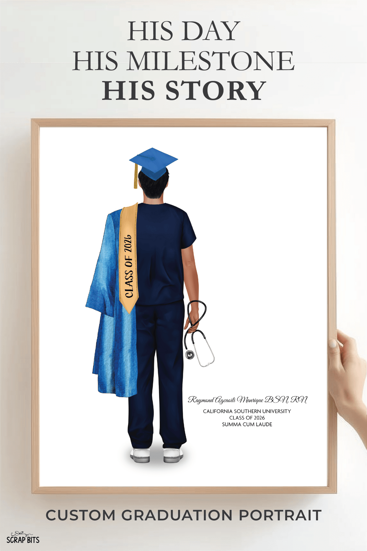 Nurse (Male) Graduation Portrait Print, Custom Digital Drawing - Scrap Bits