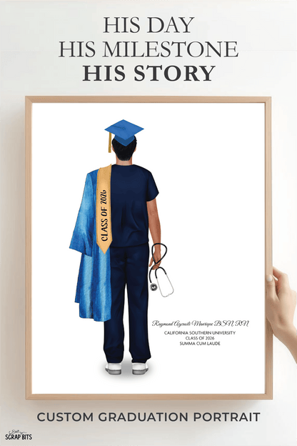 Nurse (Male) Graduation Portrait Print, Custom Digital Drawing - Scrap Bits