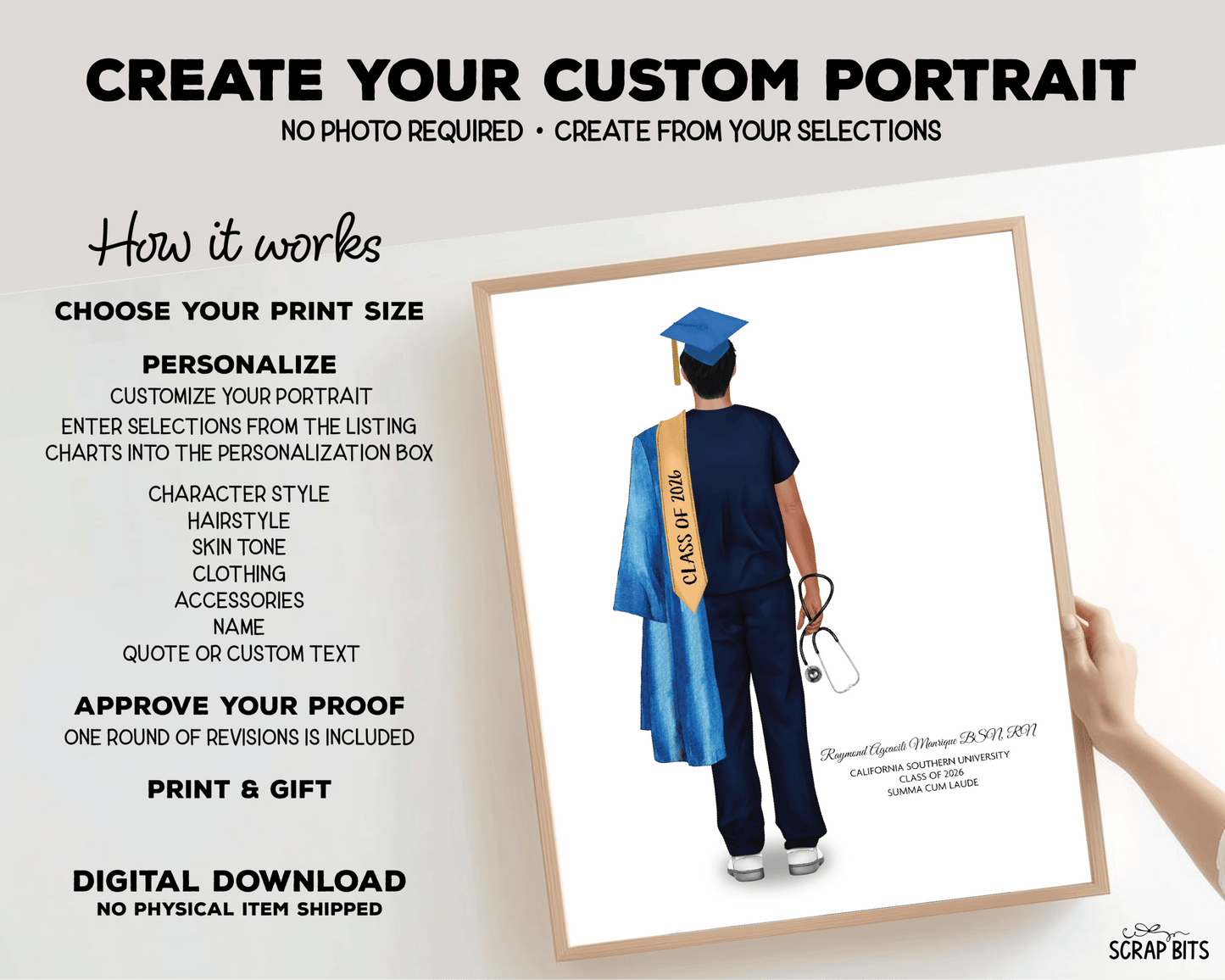 Nurse (Male) Graduation Portrait Print, Custom Digital Drawing - Scrap Bits