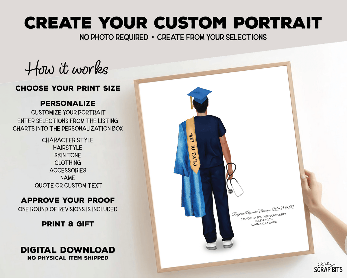 Nurse (Male) Graduation Portrait Print, Custom Digital Drawing - Scrap Bits