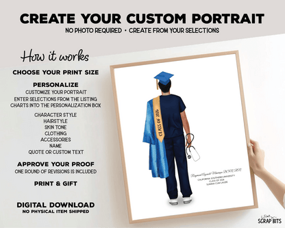 Nurse (Male) Graduation Portrait Print, Custom Digital Drawing - Scrap Bits