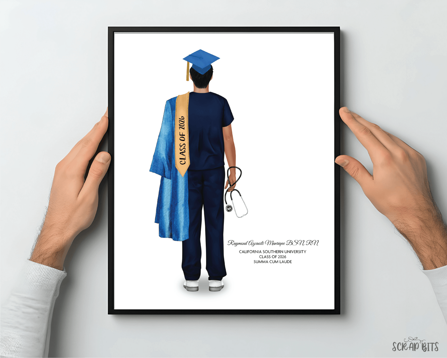 Nurse (Male) Graduation Portrait Print, Custom Digital Drawing - Scrap Bits
