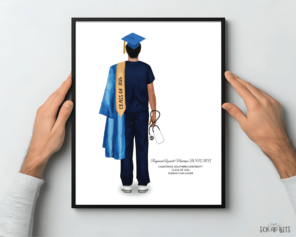 Nurse (Male) Graduation Portrait Print, Custom Digital Drawing - Scrap Bits