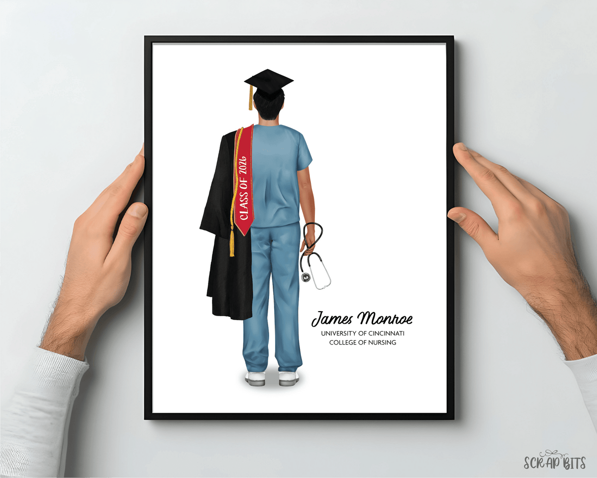 Nurse (Male) Graduation Portrait Print, Custom Digital Drawing - Scrap Bits
