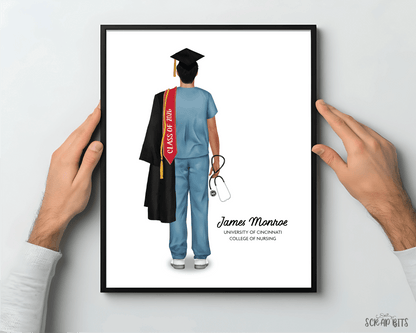 Nurse (Male) Graduation Portrait Print, Custom Digital Drawing - Scrap Bits